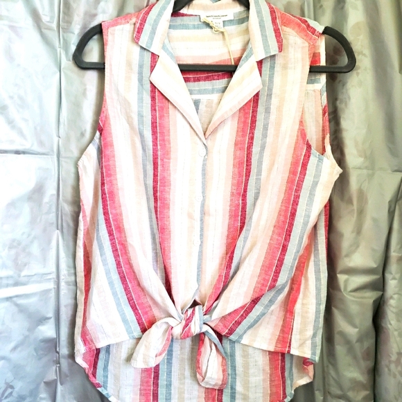 beachlunchlounge Sleeveless Knot at the Waist Striped Button Up Top 0085 - Picture 1 of 6